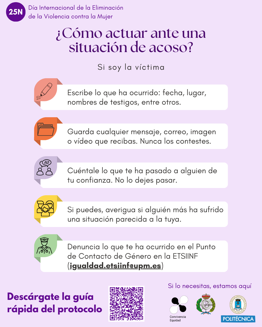 Infografía del Día Internacional de la Eliminación de la Violencia contra la Mujer 2024: Cómo actuar si soy la víctima